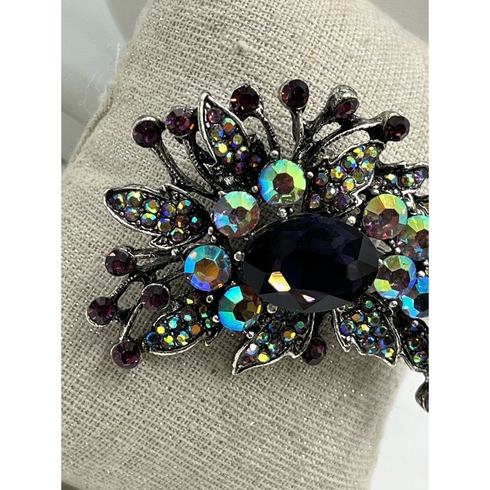 Silver Tone Unsigned Pave Purple AB Rhinestone Spray Floral Brooch